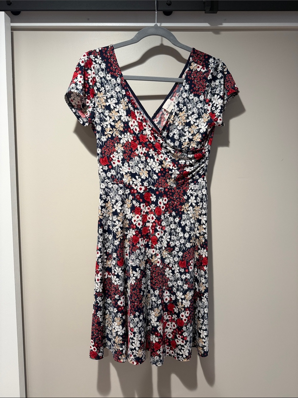 Kaileigh Navy Floral Surplice Fit-and-Flare Dress with Red and Cream Accents